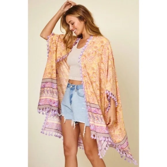Lavender Paisley Printed Kimono Bohemian Cardigan w/ Tassels Fringe - Picture 2 of 6